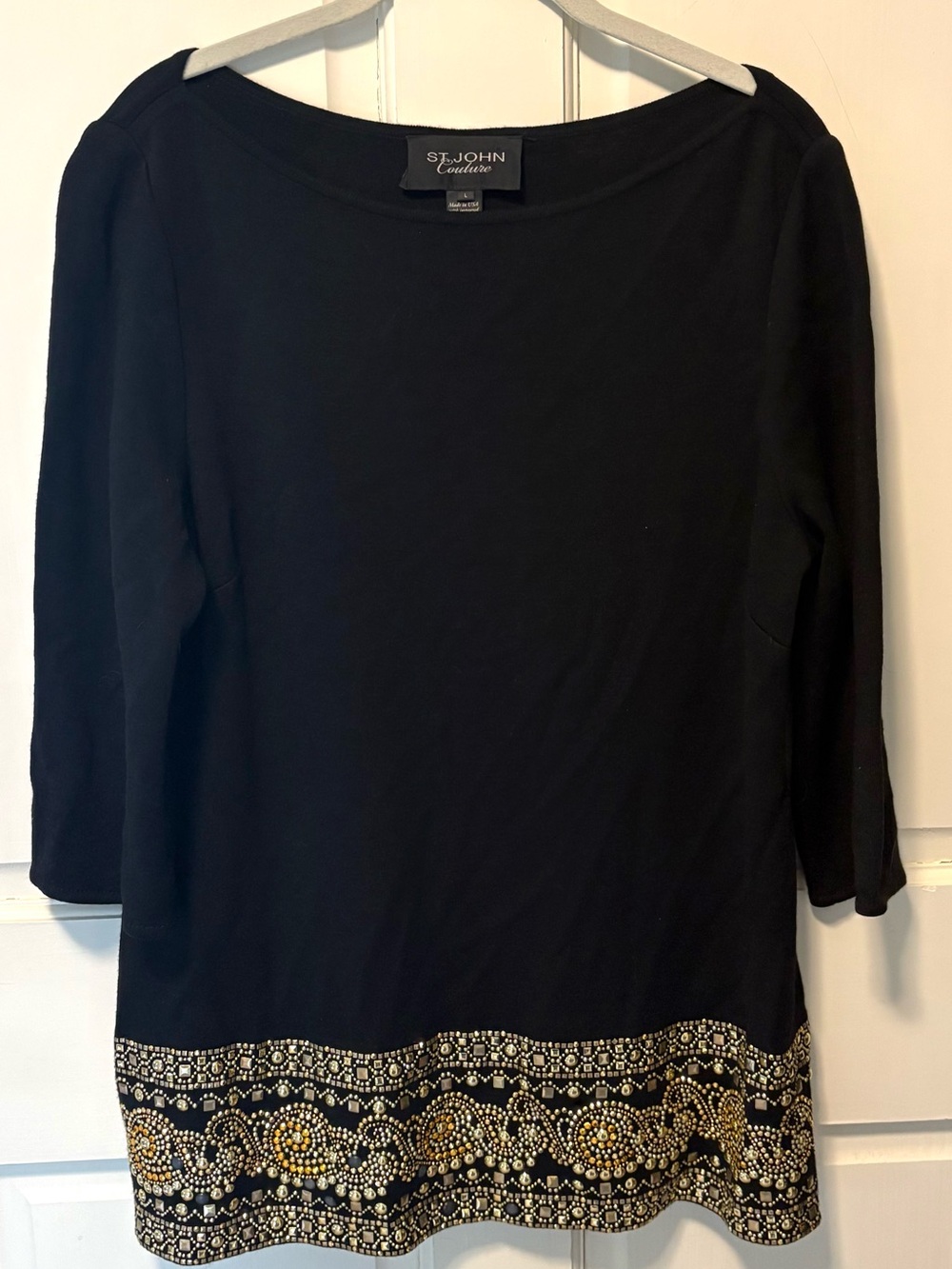 St John Knit Couture black gold beaded wool blend tunic top blouse women l large